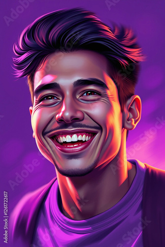 A hyperrealistic digital painting in a dynamic motion style using deep ultraviolet hues Joyful young man, bright smile, happy eyes, confident expression, warm facial glow, softly blurred background