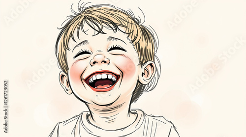 Hand-drawn sketch, sketchnote style, joyful 6-8 year old child laughing, bright smile, flushed cheeks, soft warm lighting, pastel blurred background