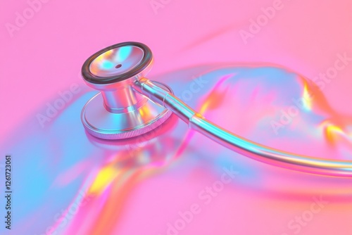 Neon Glitch Medical Art Holographic Stethoscope on Iridescent Background - Futuristic Healthcare Marketing and Digital Innovation in Medical Tech photo