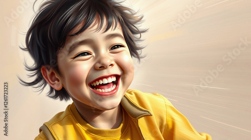 Digital painting, dynamic motion, distinct split composition, divided sections, bold areas, blurred lines, action poses, hyperrealistic joyful 6-8 year old child laughing, bright smile, flushed cheeks