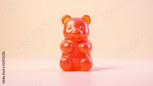 A single red gummy bear candy sits on a pale background
