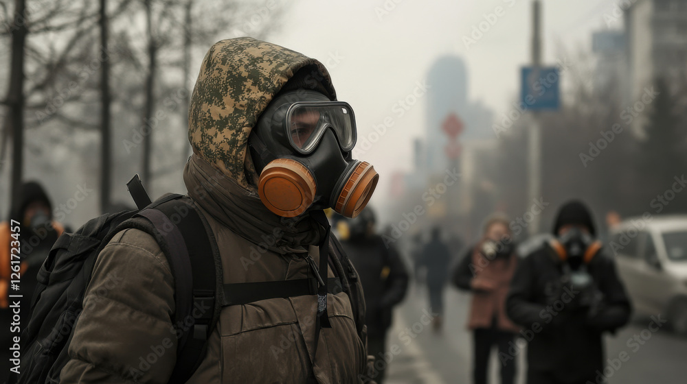 person wearing gas mask in polluted urban environment, highlighting air quality issues person wearing gas mask in polluted urban environment, highlighting air quality issues