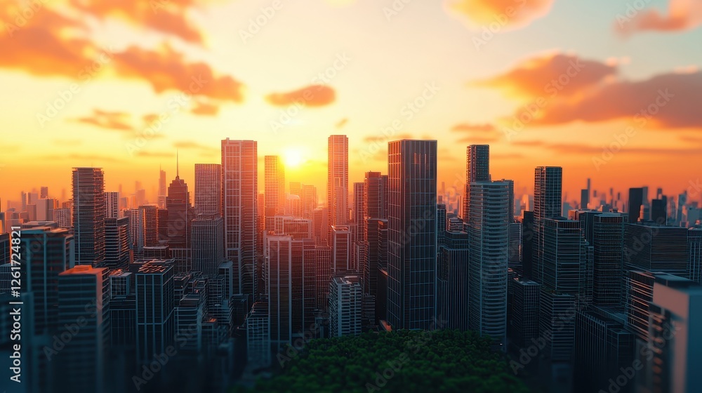 Fototapeta premium A stunning city skyline at sunset, showcasing towering skyscrapers against a colorful sky, embodying urban beauty and tranquility.