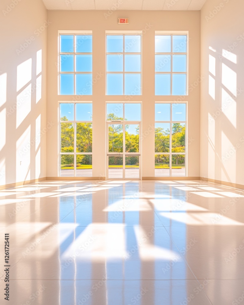Fototapeta premium Contemporary Healthcare Design Sunlit Hospital Corridor with Minimalist Architecture and Polished Floors - Enhancing Professional Care Spaces for Modern Medical Environments
