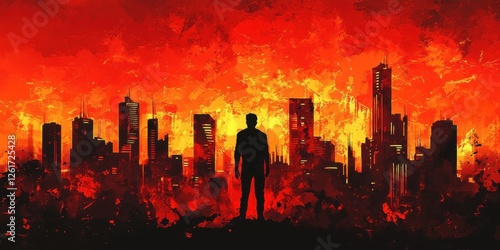 Silhouette of a man stands before a burning cityscape photo