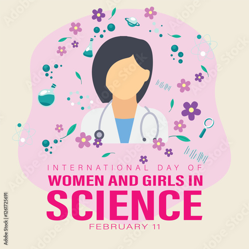 International Day of Women and Girls in Science design. Creative design with a silhouette of a woman scientist holding a test tube, Women, girls, and science day design.