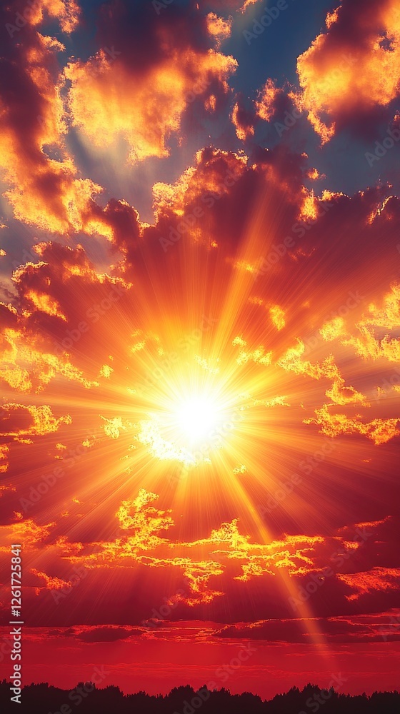 Fototapeta premium Dramatic Orange Sunset with Radiant Sun and Clouds Illuminating the Sky