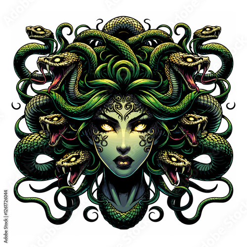 Donna medusa mitologica con serpenti intrecciati tra i capelli e sguardo pietrificante. Generative AI photo