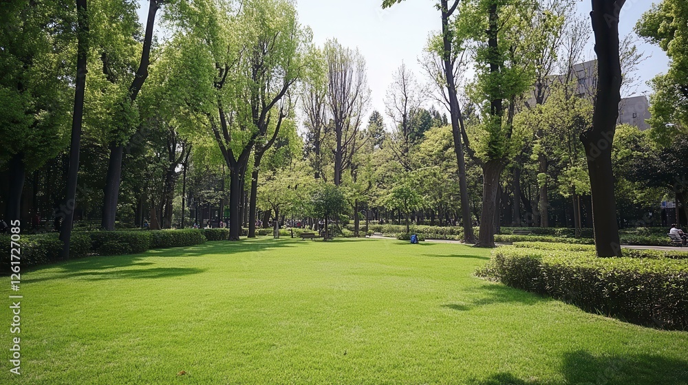 Naklejka premium Relaxing day in sunny park green landscape nature photography tranquil setting wide angle view