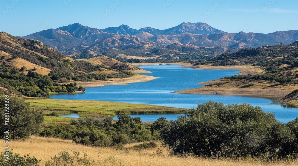 A lake with buffer vegetation reducing agricultural runoff and pollution. A lake with buffer vegetation reducing agricultural runoff and pollution.
