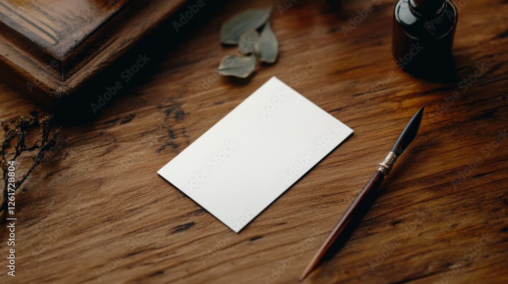 blank business card on wooden table with pen and leaves nearby blank business card on wooden table with pen and leaves nearby