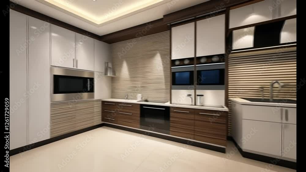 A smooth dolly shot moves horizontally across the kitchen space, capturing the sleek cabinetry and modern appliances. The camera glides effortlessly, revealing the open layout and seamless integration A smooth dolly shot moves horizontally across the kitchen space, capturing the sleek cabinetry and modern appliances. The camera glides effortlessly, revealing the open layout and seamless integration