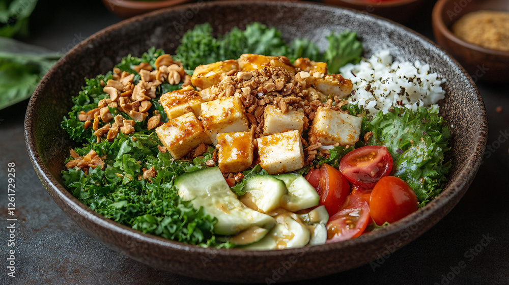 Spiced Grilled Tofu with a Side of Fresh Vegetables, White Rice, and a Savory Sauce for a Balanced Meal Spiced Grilled Tofu with a Side of Fresh Vegetables, White Rice, and a Savory Sauce for a Balanced Meal