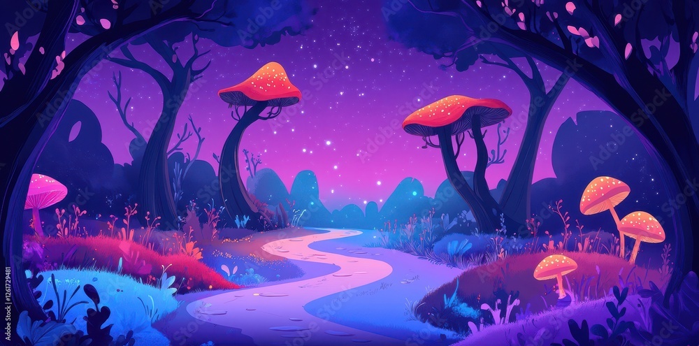 Cartoon magical landscape features a path and luminous mushrooms Cartoon magical landscape features a path and luminous mushrooms
