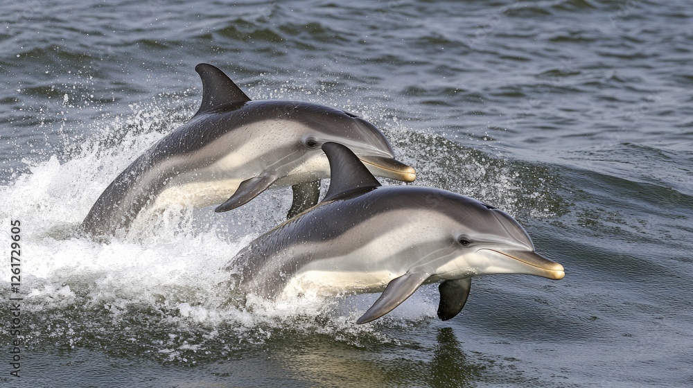 Fototapeta premium A pair of dolphins swimming near a marine protected area, symbolizing successful conservation efforts.