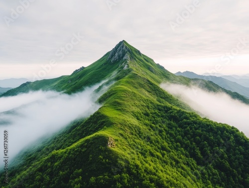 Serene Naturalscape Misty Layered Mountain Peaks in Lush Greenery for Adventure Travel Content and Tranquil Wilderness Marketing photo