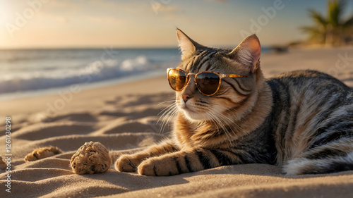 Cat with Sunglasses Chilling on the Beach – Vacation & Holiday Mood - Generated by AI