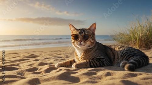 Cat with Sunglasses Chilling on the Beach – Vacation & Holiday Mood - Generated by AI