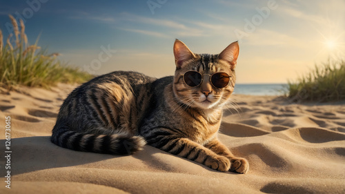 Cat with Sunglasses Chilling on the Beach – Vacation & Holiday Mood - Generated by AI