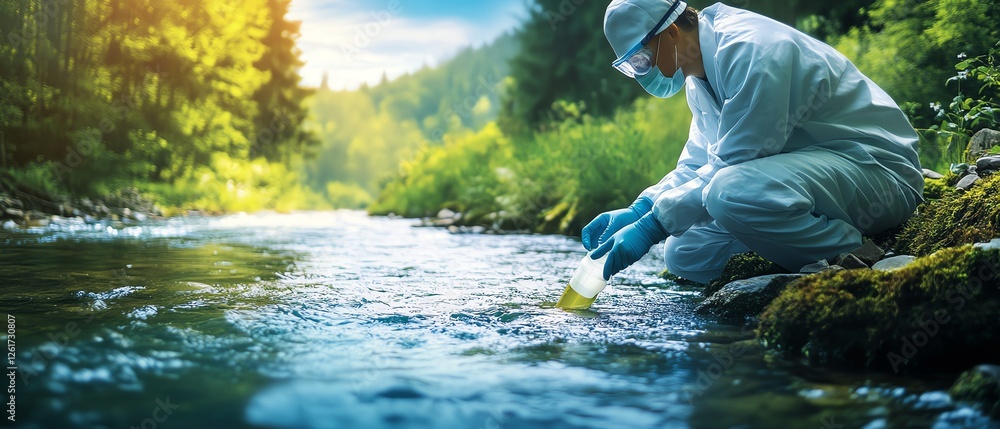 Scientist testing water from a clear river. Scientist testing water from a clear river.