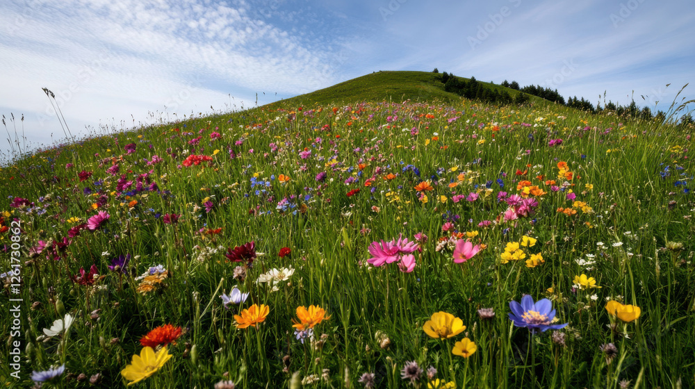 Vibrant spring wildflowers blanket hillside under blue sky Vibrant spring wildflowers blanket hillside under blue sky