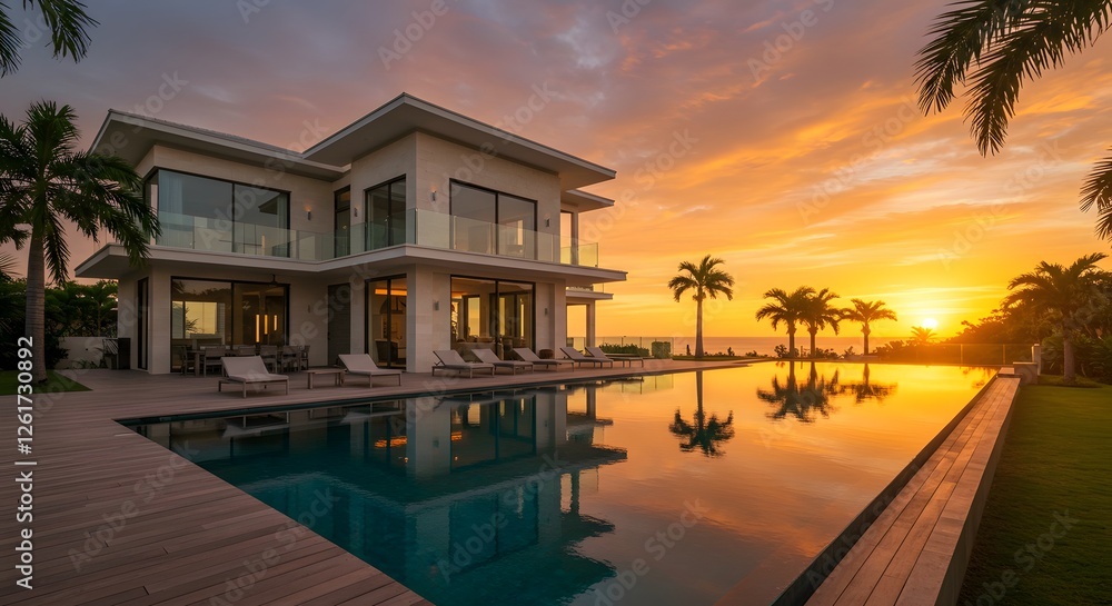 Fototapeta premium Luxurious Modern Villa with Pool at Sunset Tropical Paradise