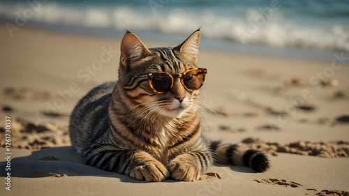 Cat with Sunglasses Chilling on the Beach – Vacation & Holiday Mood - Generated by AI