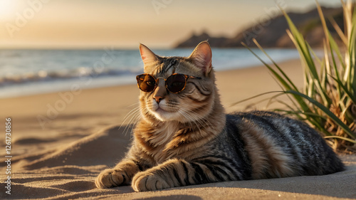 Cat with Sunglasses Chilling on the Beach – Vacation & Holiday Mood - Generated by AI
