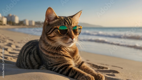 Cat with Sunglasses Chilling on the Beach – Vacation & Holiday Mood - Generated by AI