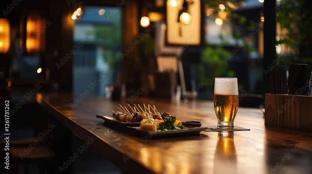 cozy izakaya setting with beer and delicious food on table cozy izakaya setting with beer and delicious food on table
