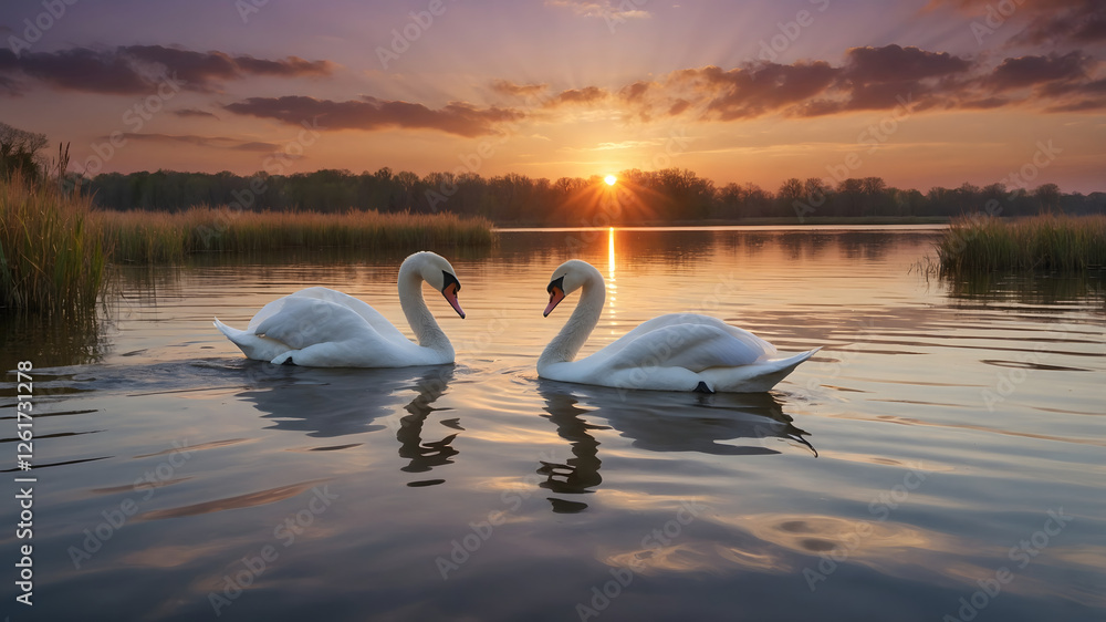 Fototapeta premium Romantic Swans Creating a Heart Shape at Sunset – AI-Generated Art