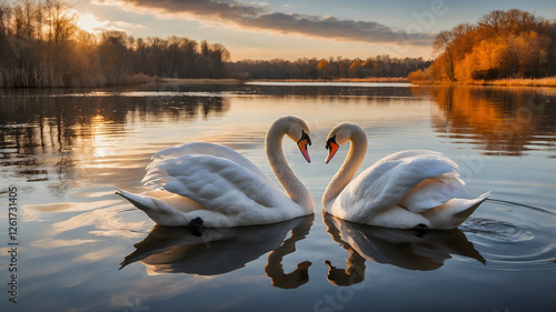 Romantic Swans Creating a Heart Shape at Sunset – AI-Generated Art