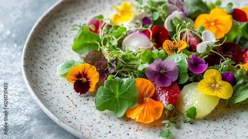 Gourmet plated dish with microgreens and edible flowers 