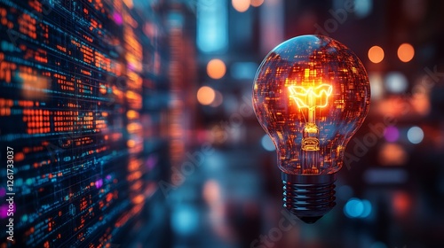 Insights visualized a bright light bulb symbolizing innovation and strategic thinking emerging from a colorful background of data patterns