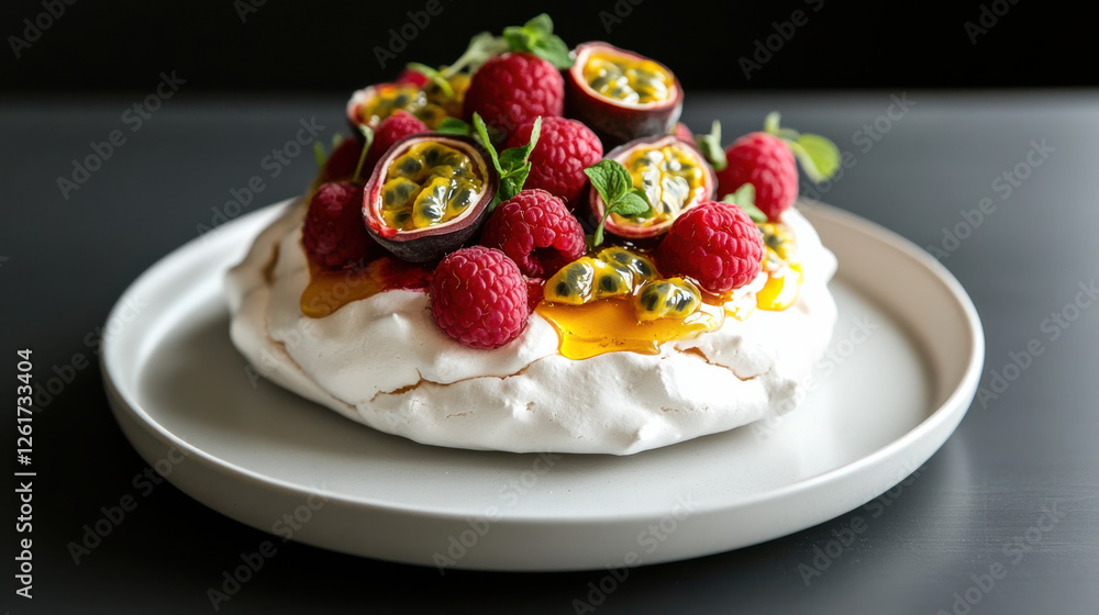 light and airy pavlova topped with fresh passion fruit and raspberries light and airy pavlova topped with fresh passion fruit and raspberries