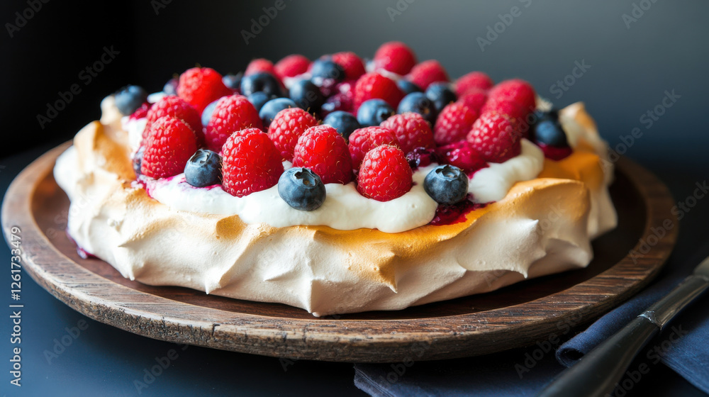 light pavlova dessert topped with fresh raspberries and blueberries light pavlova dessert topped with fresh raspberries and blueberries