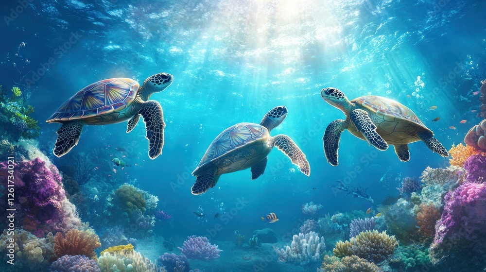 Fototapeta premium A serene underwater scene featuring three sea turtles cruising above a coral reef alive with marine biodiversity, while shafts of sunlight create a magical glow.