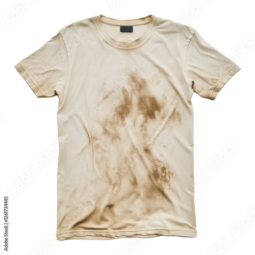 White t-shirt with dirt stains on front, isolated on white. laundry and cleanliness concept