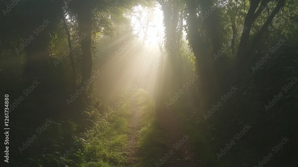 Naklejka premium Sunbeams Illuminate Misty Forest Path