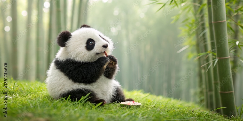 Fototapeta premium Cute panda cub munching on bamboo shoots in a serene bamboo forest during the day