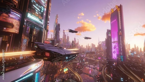 Fototapeta Naklejka Na Ścianę i Meble -  Futuristic city aerial view, flying vehicles, sunset, cityscape