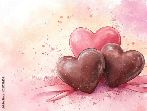Romantic Heart-Shaped Chocolates on Colorful Watercolor Background