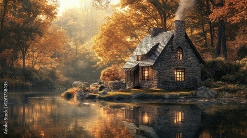 An enchanting stone cottage beside a still autumn lake, its reflection shimmering in the water, chimney smoke drifting upward as the golden hour sun sets.