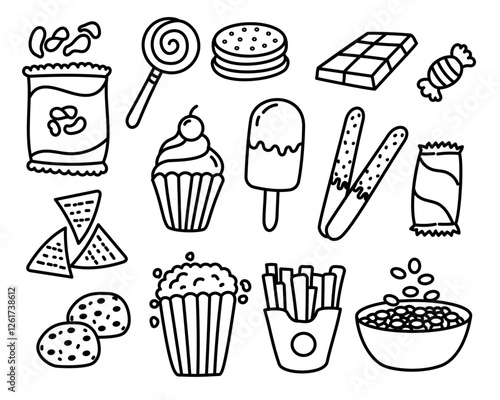 Set of snacks vector elements with doodle style on a white background