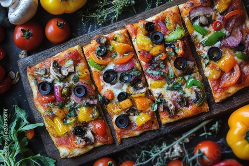 Sliced veggie pizza on wooden board, surrounded by fresh ingredients photo