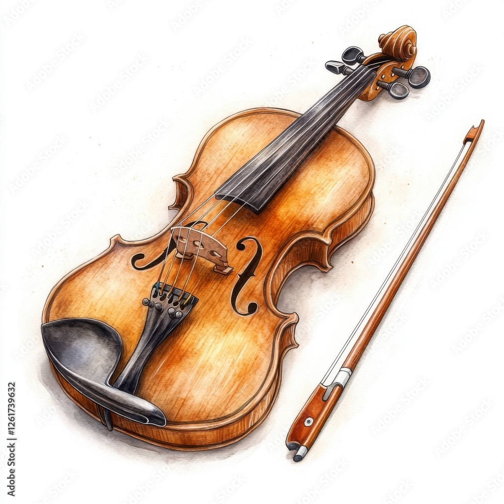 Fototapeta premium Detailed Artistic Illustration of a Classic Wooden Violin and Bow