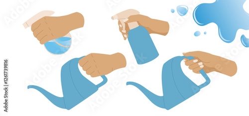 Watering and irrigation of plants. Hand with watering can or sprayer. Growing a home garden. Seedling care. Vector illustration isolated on transparent background.