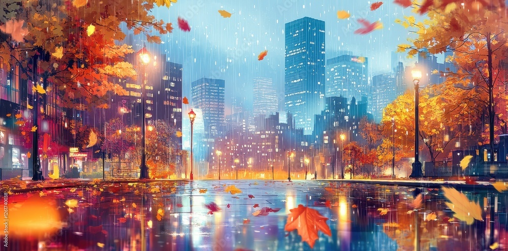 Obraz premium Rainy autumn day in the city with falling leaves