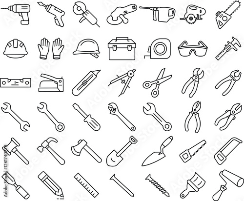 Essential Construction and Hand Tools Icon Set.