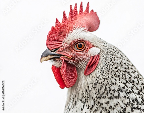 Close-up portrait of a striking speckled rooster with vibrant red comb and wattles, showcasing intricate feather details and sharp eye focus against a clean white background photo